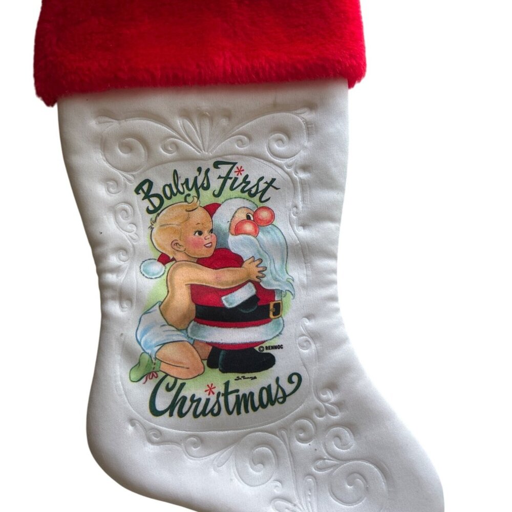 Vtg Babys First Christmas Stocking With Red Fuzzy Cuff & Printed Santa Graphic